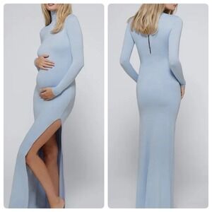 BUMPSUIT Powder Blue Monica Turtleneck Maxi Dress Back Zip Long Sleeve Side Slit